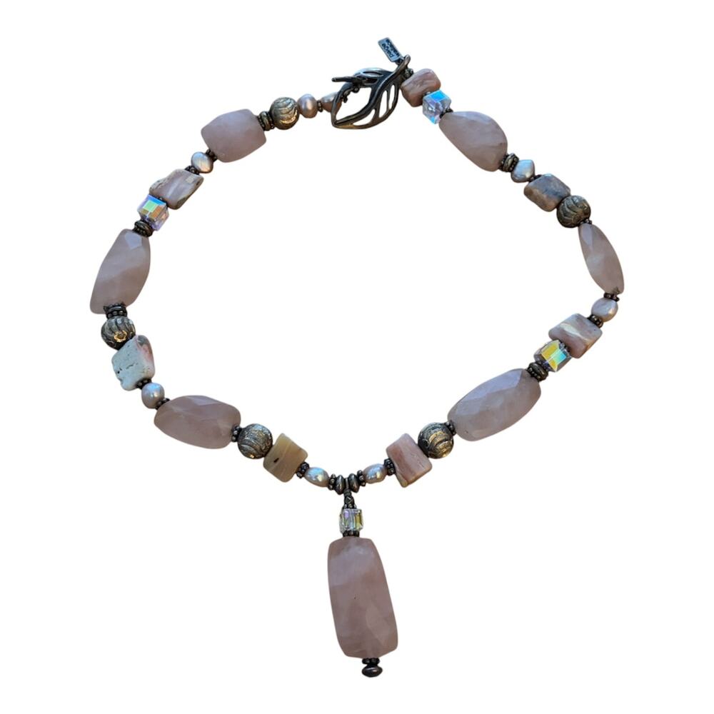 Paige Wallace for Marushka Pink Gemstone & Pearl Beaded 925 Silver Necklace 18"